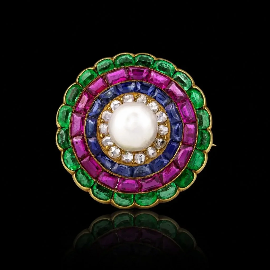 Antique 19th Century Gold Multi Gem & Natural Pearl Brooch
