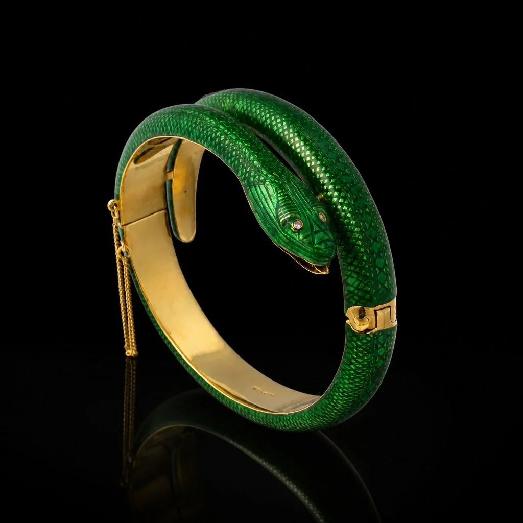 Vintage Green Enamel Snake Bracelet 18KT Gold Circa 1970s