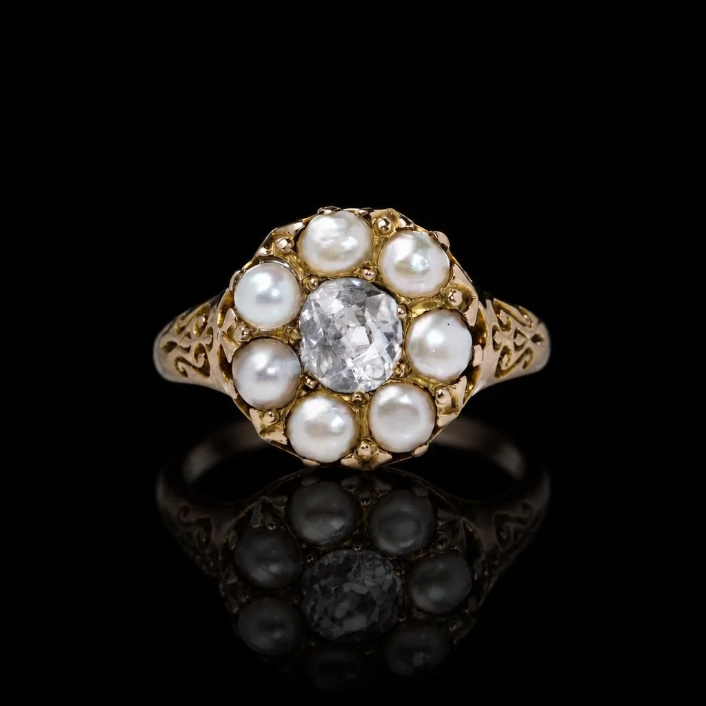 Antique 9KT Yellow Gold Pearl and Old Mine Diamond Cluster Ring