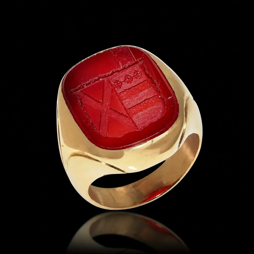Antique Carnelian Signet Ring, 18KT Gold Intaglio with Coat of Arms