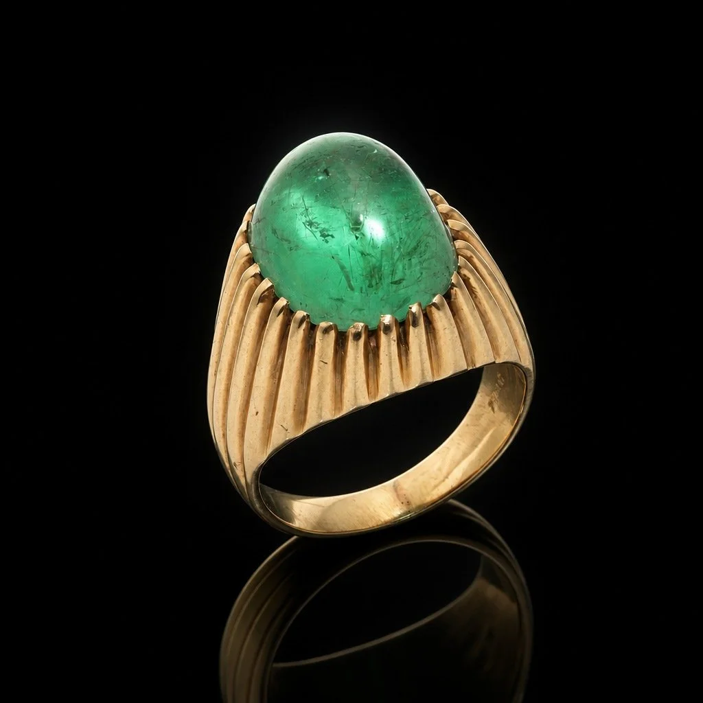 Vintage 1950s Cabochon Emerald Ring, 18KT Gold, Ribbed Mount