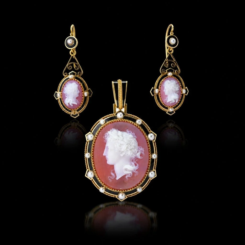Victorian Carnelian Cameo Pendant and Earrings Suite in 18KT Gold