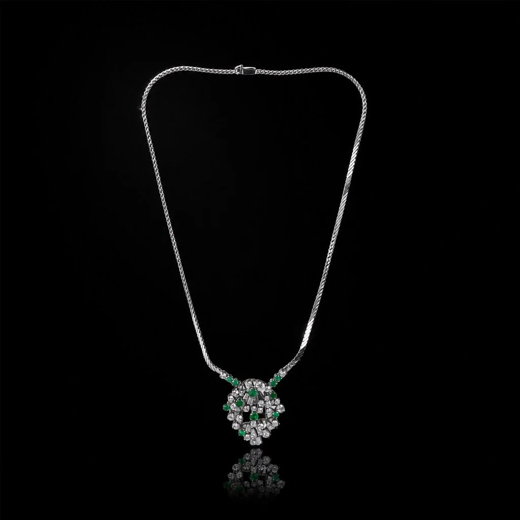 Diamond and Emerald Pendant Necklace, 18KT White Gold, 3.5 ct