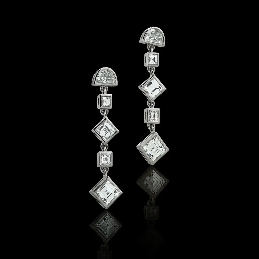 Vintage Platinum Diamond Drop Earrings, 2.80 ct Half Moon and Step Cut