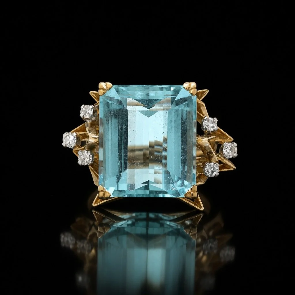 Vintage 1970s 18KT Gold Aquamarine and Diamond Ring
