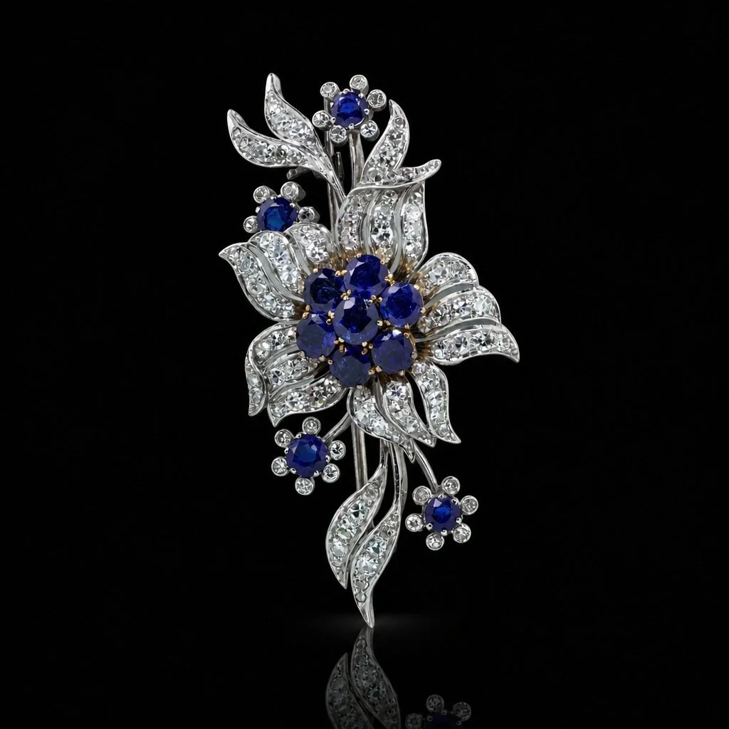 Vintage Palladium Sapphire and Diamond Floral Spray Brooch