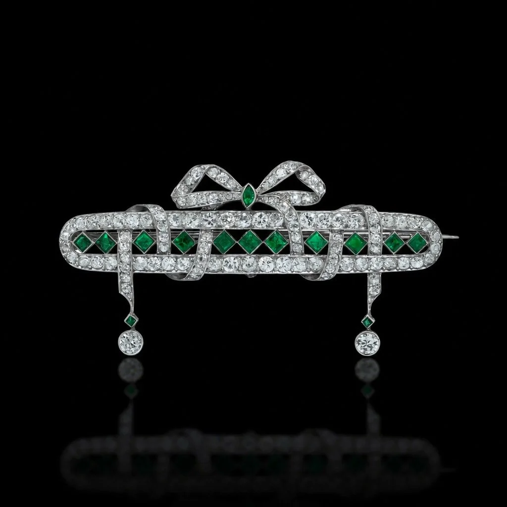 Art Deco Platinum Emerald and Diamond Bow Brooch with Diamond Drops