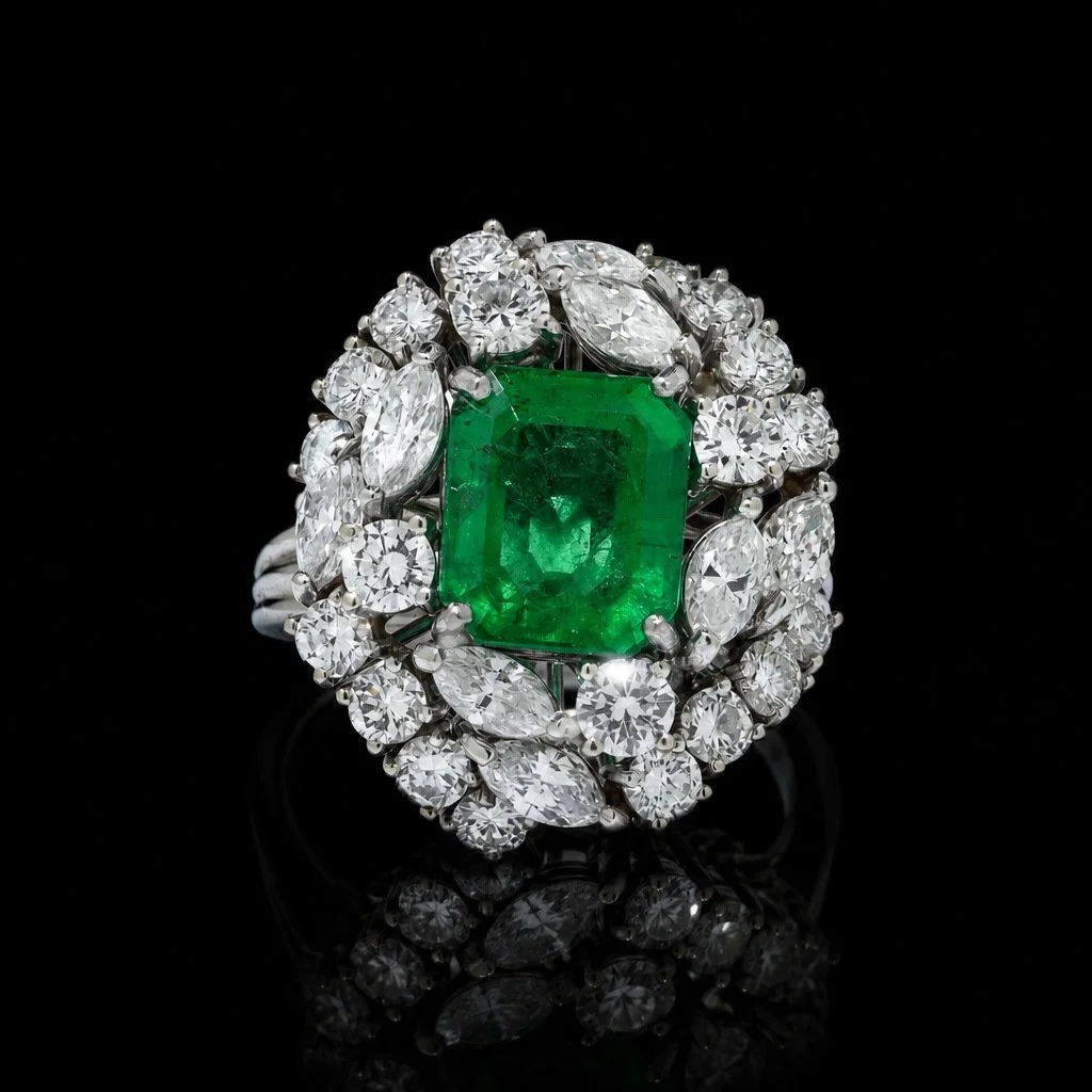 18KT White Gold 3.22ct Colombian Emerald Diamond Cluster Ring