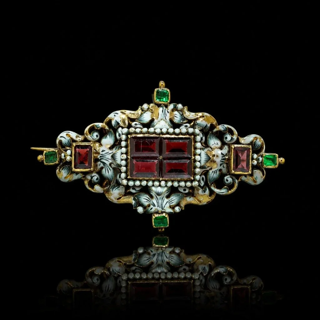 Antique French 18KT Enamel, Garnet and Emerald Renaissance Revival Brooch Pendant