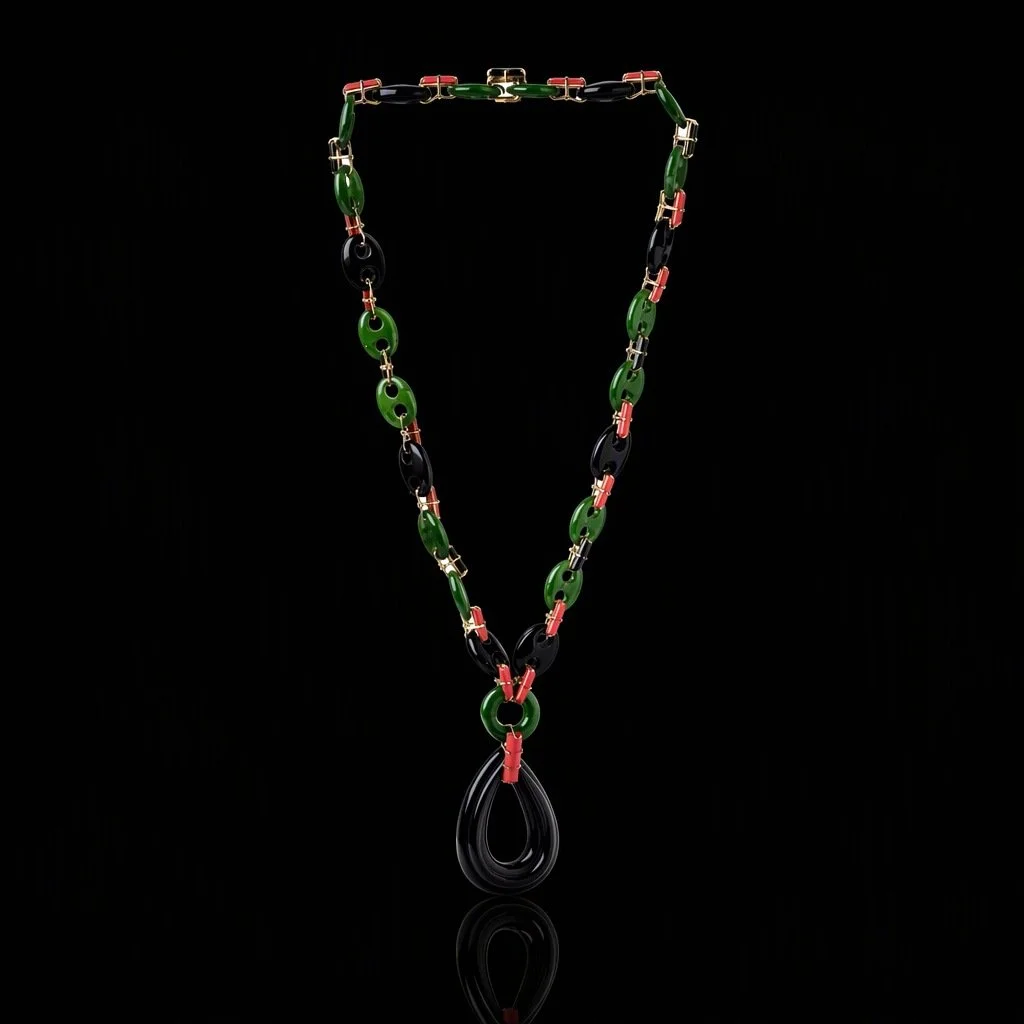Vintage Jade, Onyx and Coral Necklace, 18KT Gold Links