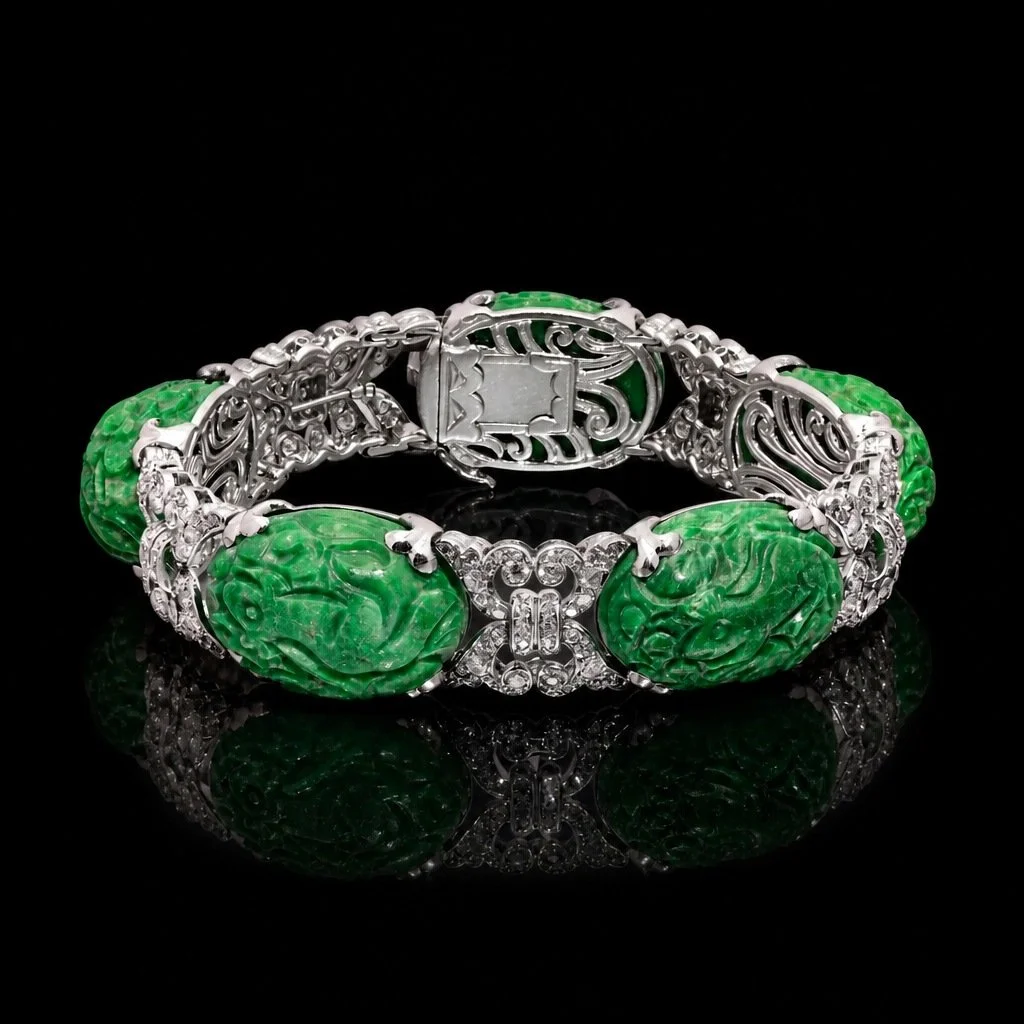 Jadeite Jade and Diamond Bracelet, Platinum, WGI Certified