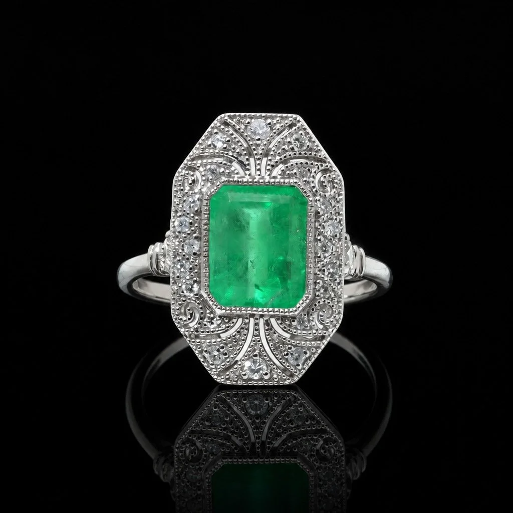 Emerald and Diamond Ring, Platinum, Art Deco Style, 1.99 ct