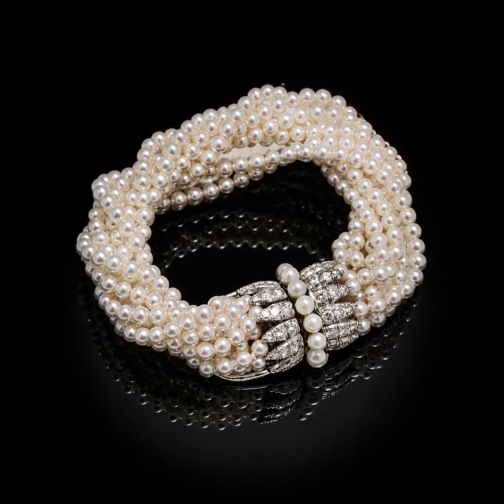 Van Cleef & Arpels Multi -Strand Cultured Pearl & Diamond Bow Bracelet in Platinum