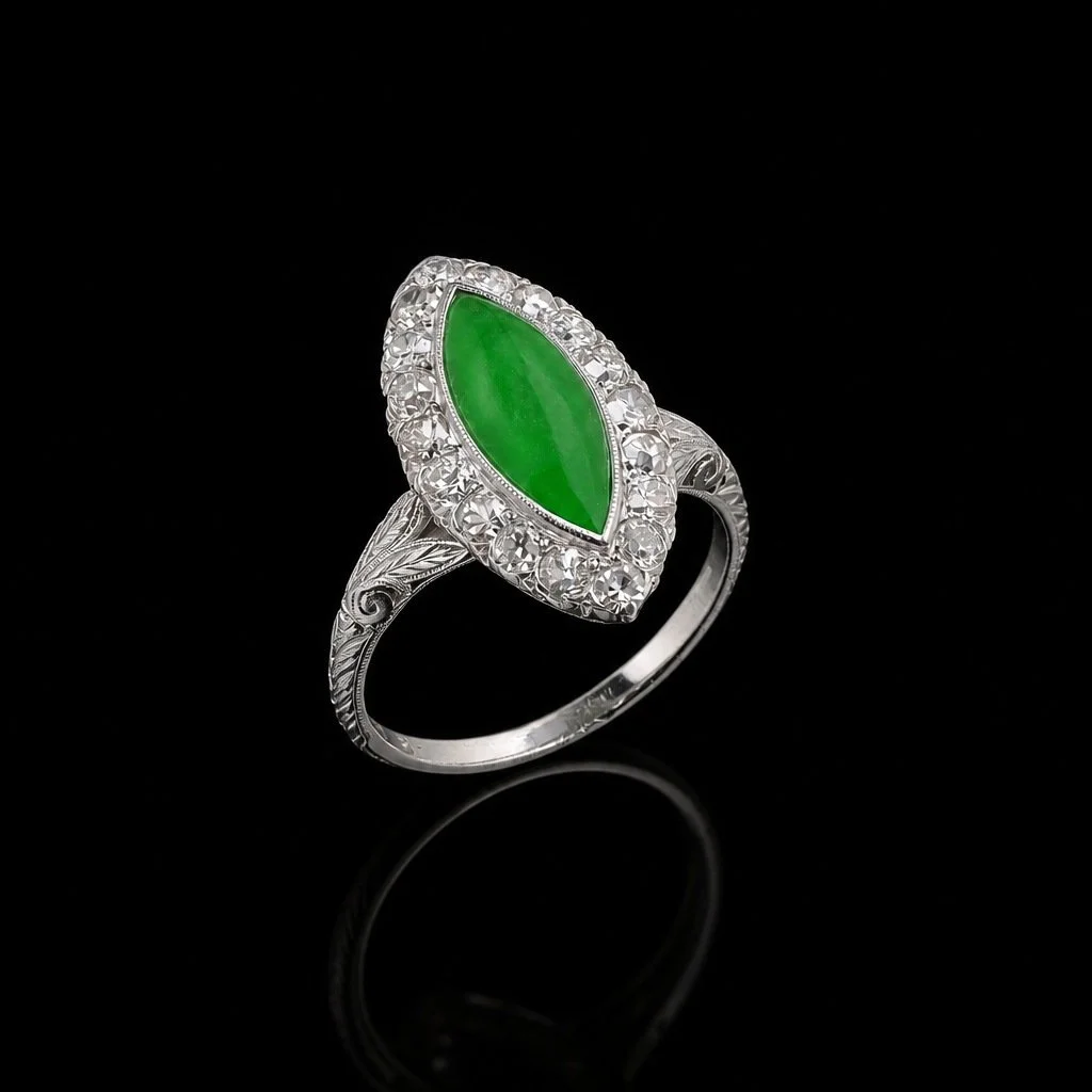 Art Deco Chinese Jade and Diamond Ring, Platinum, Marquise Jade