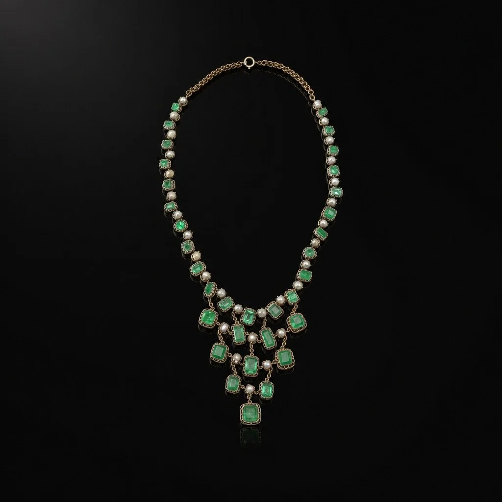 Georgian Emerald and Natural Pearl Necklace, 33 Natural Emeralds
