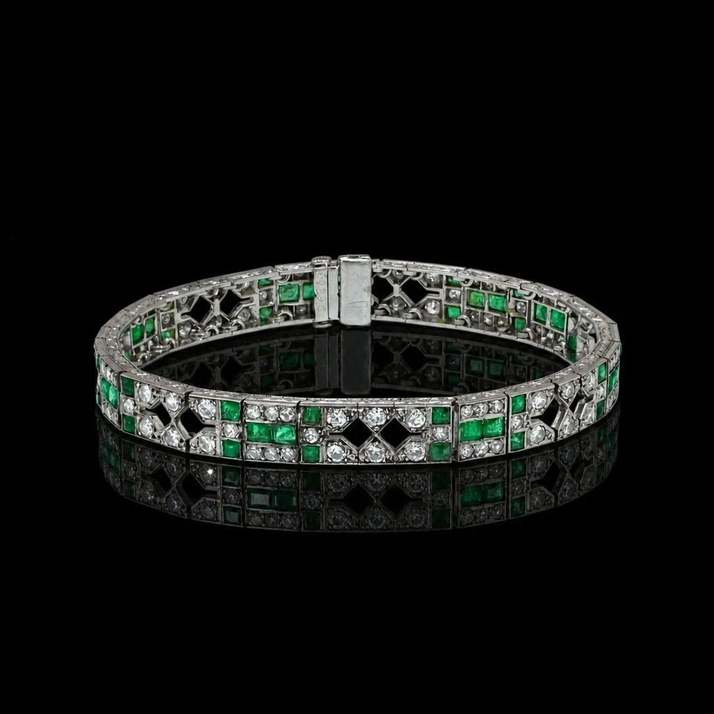 Mauboussin Art Deco Platinum Emerald and Diamond Bracelet, 1920s