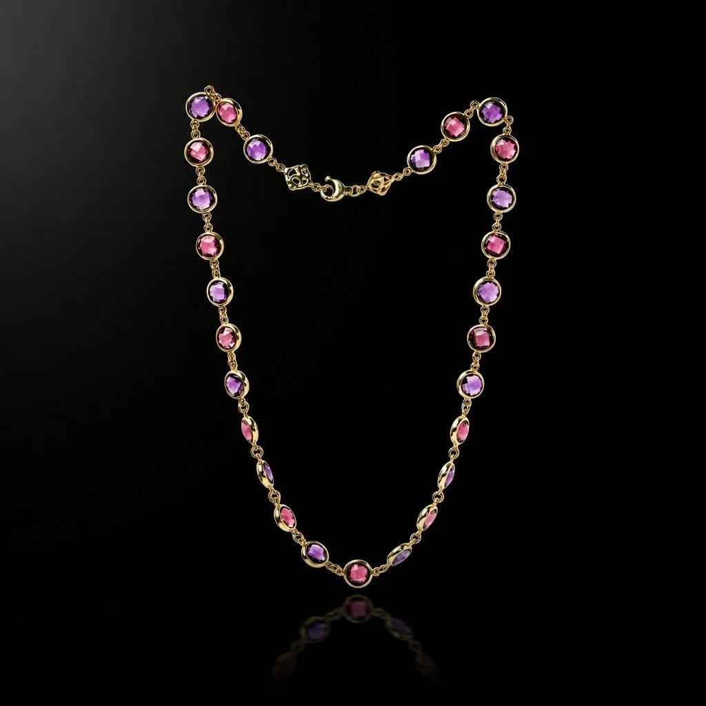 Vintage 18KT Gold Amethyst and Pink Tourmaline Necklace