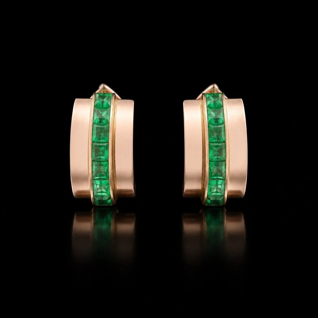 Signed Gazdar 15KT Gold Square-Cut Emerald Clip and Post Earrings