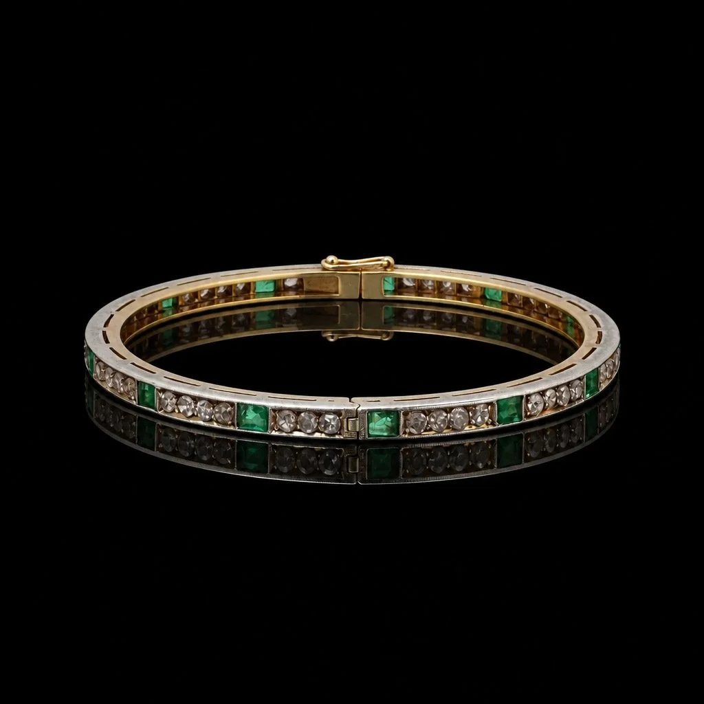 Victorian Silver-Topped 18KT Gold Emerald and Rose-Cut Diamond Bangle