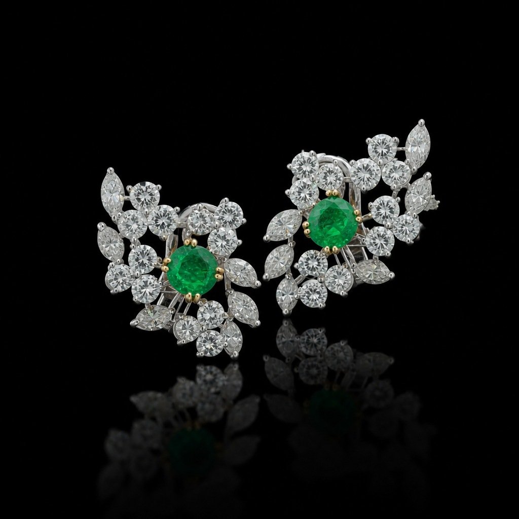 18KT White Gold Emerald and Diamond Cluster Earrings