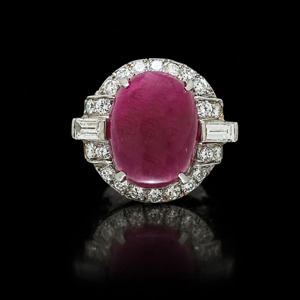 Platinum Burmese Cabochon Ruby and Diamond Ring, 19.15ct