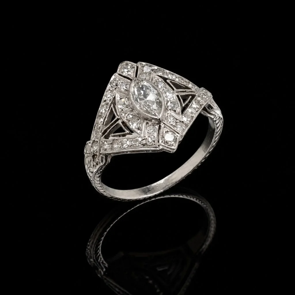 Art Deco Marquise Diamond Plaque Ring, Platinum, Old Cut