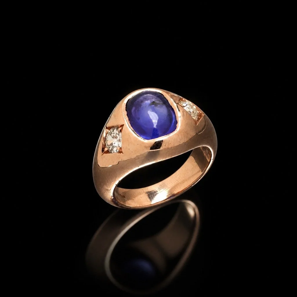 Antique Sapphire & Diamond Ring, Cabochon Sapphire, 18KT Rose Gold