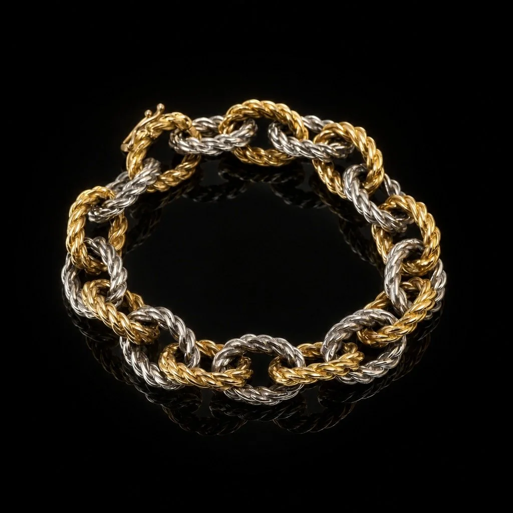 Vintage Two-Tone 9KT Gold Bracelet, Rope Twist Links, 1970s