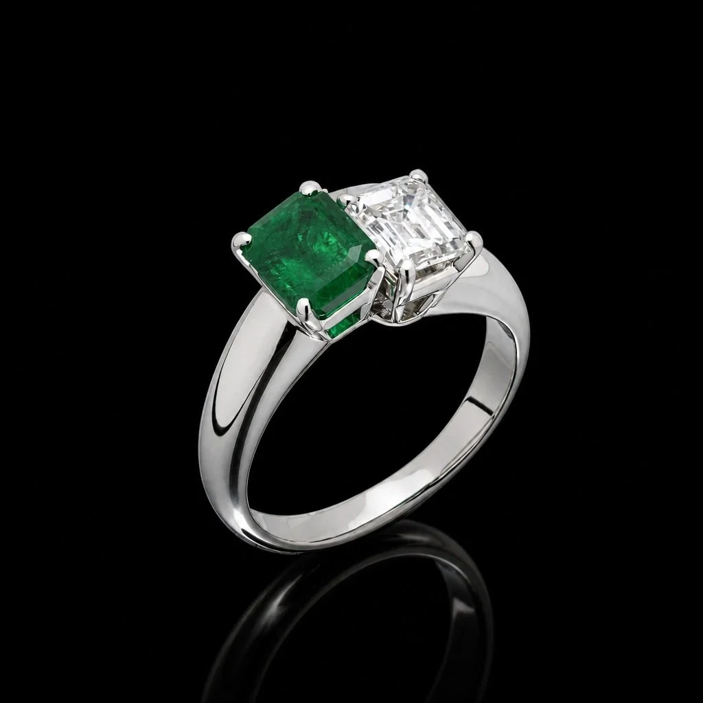 Emerald & Diamond Toi et Moi Ring, 18KT White Gold