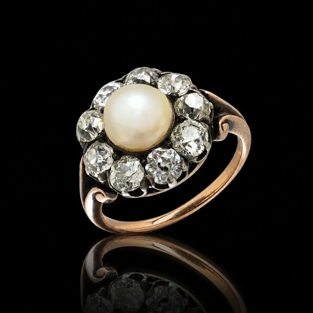 Victorian Natural Pearl & 2.70ct Old European Cut Diamond Cluster Ring, 18KT Gold