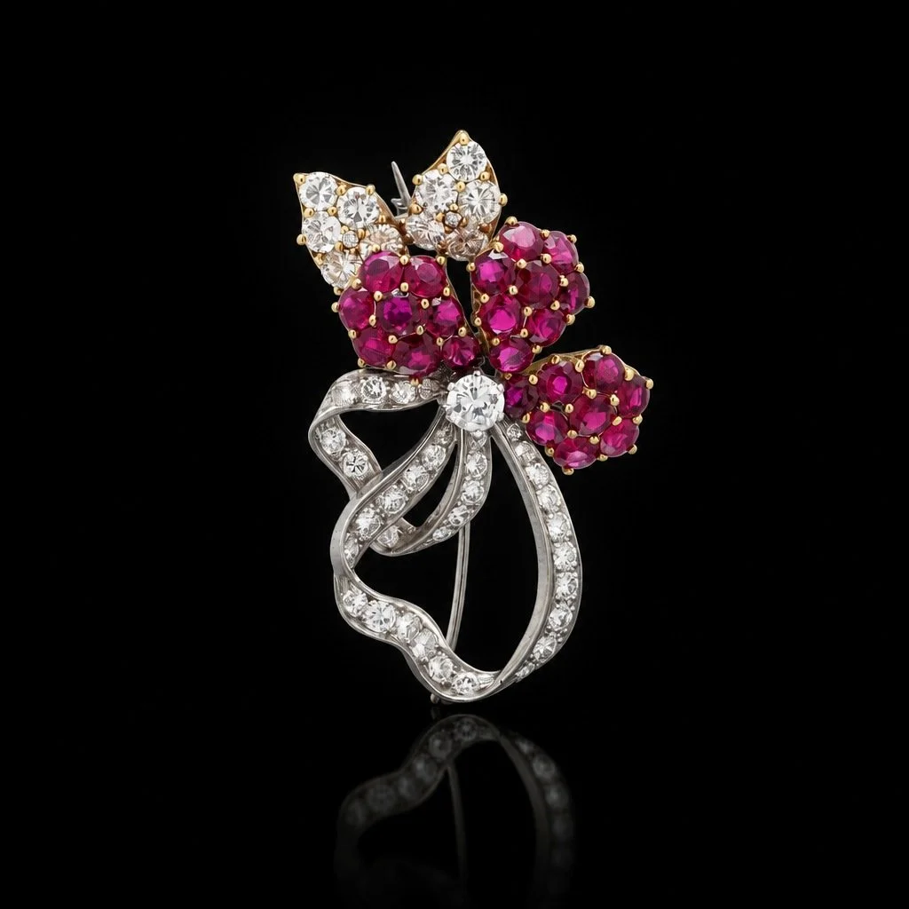 Vintage Ruby and Diamond Flower Brooch, 18KT Two-Tone Gold