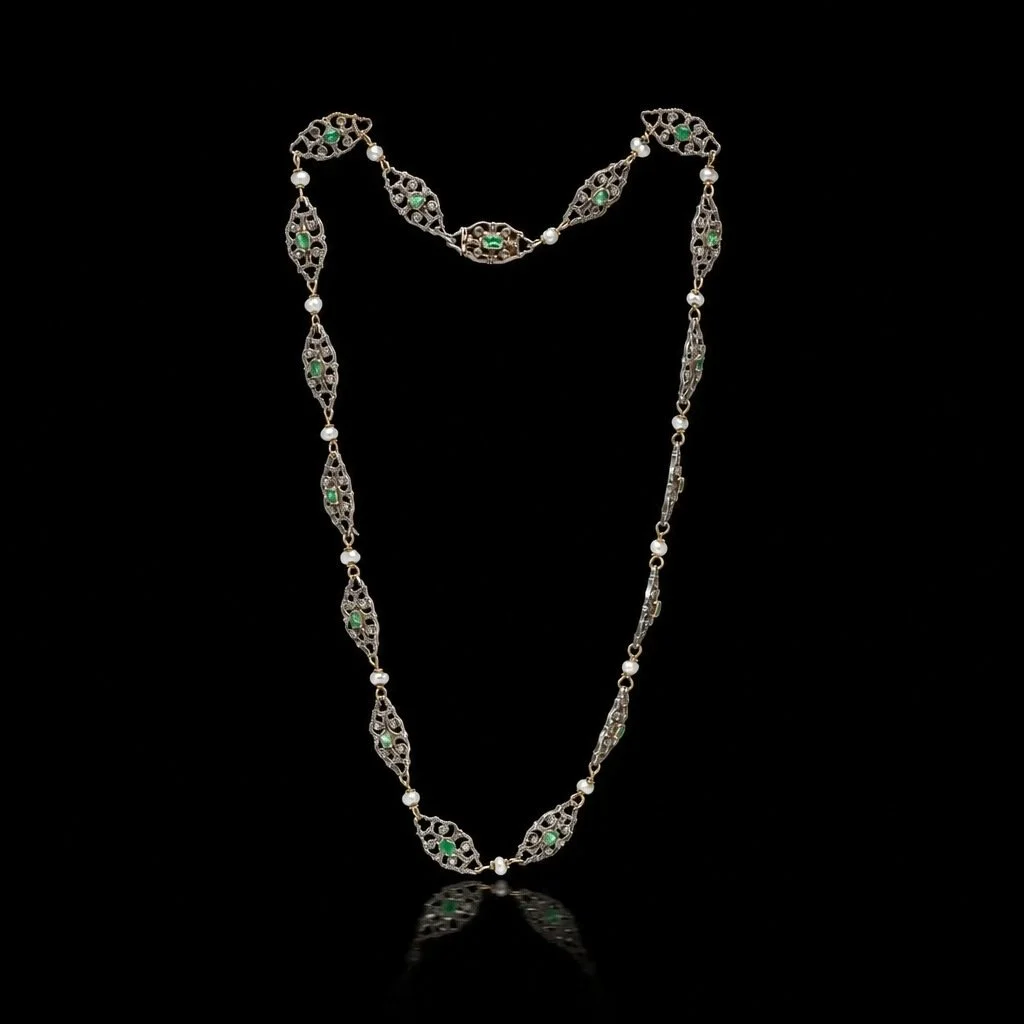 Antique Emerald, Diamond & Pearl Necklace, Silver and Gold