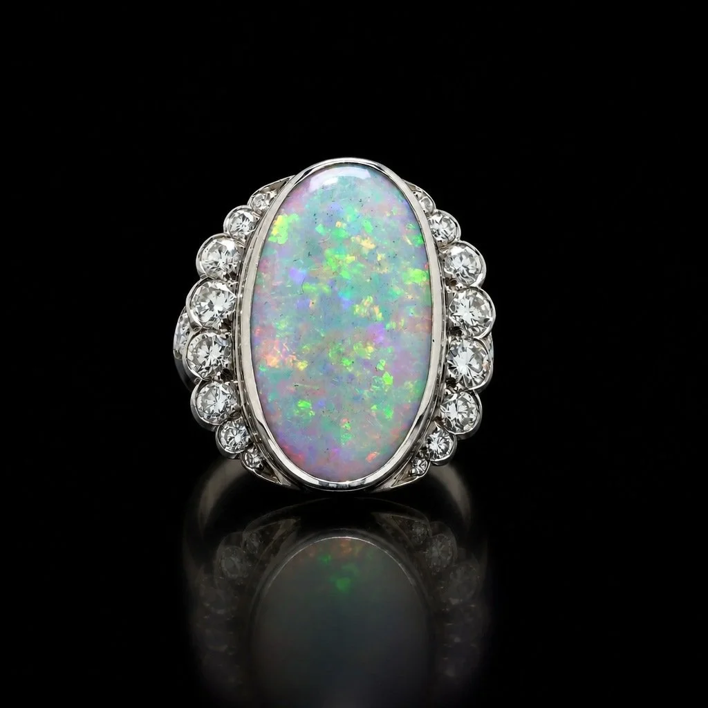 Opal & Diamond Ring, 18KT White Gold, English 1970s