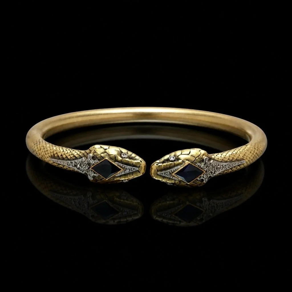 Victorian 18KT Gold Double Snake Bangle, Sapphires & Rose Cut Diamonds