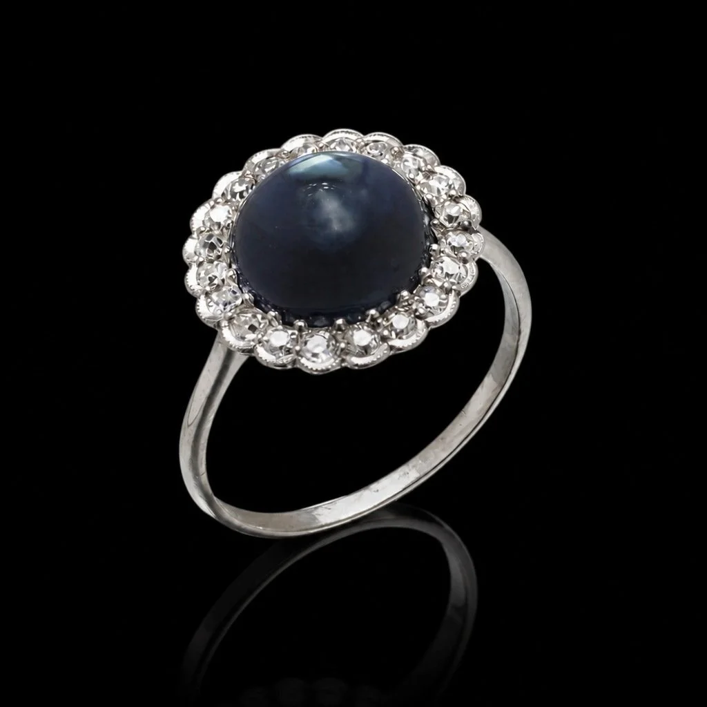 Art Deco Platinum Cabochon Sapphire & Diamond Cluster Ring, Approx. 4.00 ct