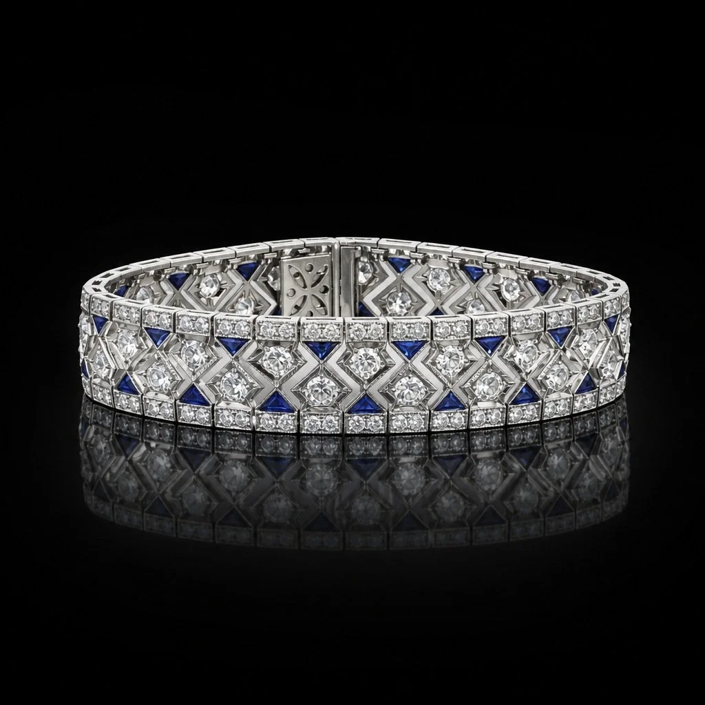 Art Deco Platinum Diamond & Sapphire Bracelet, Approx. 8.28 ct Diamonds