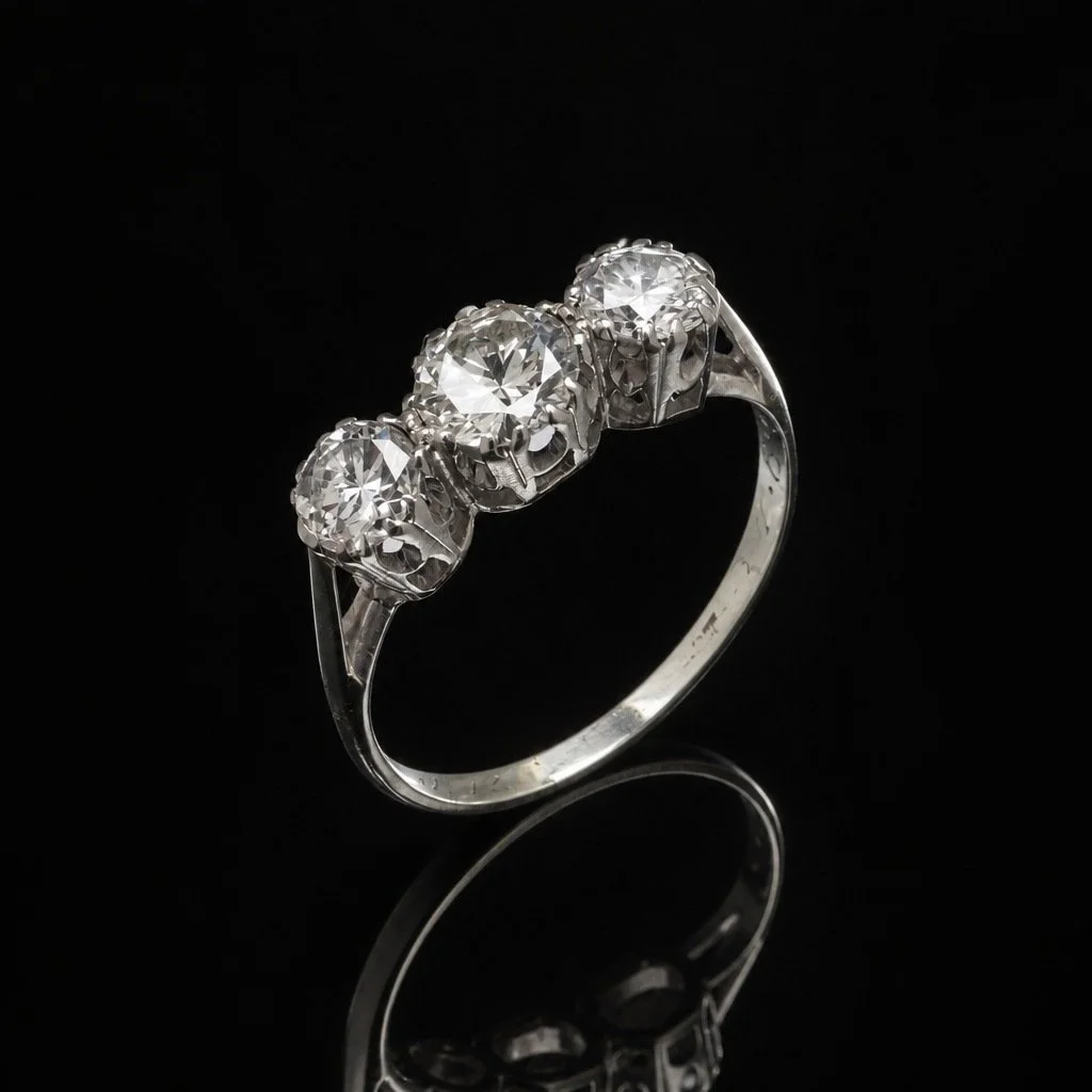 Three Stone Diamond Ring, Approx. 1.30 ct, Dated 1947 and Inscribed