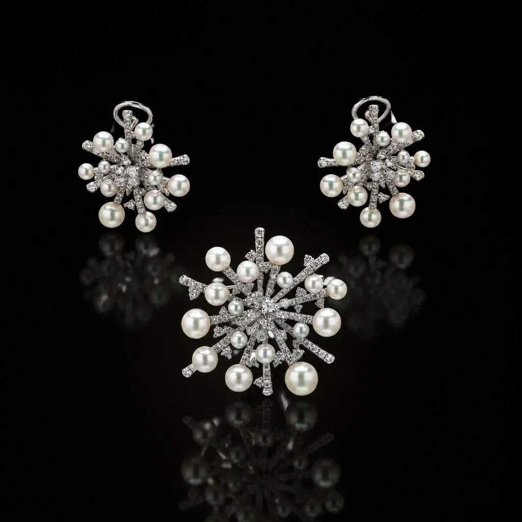 Mikimoto Pearl and Diamond Brooch and Earrings Set, 18KT White Gold