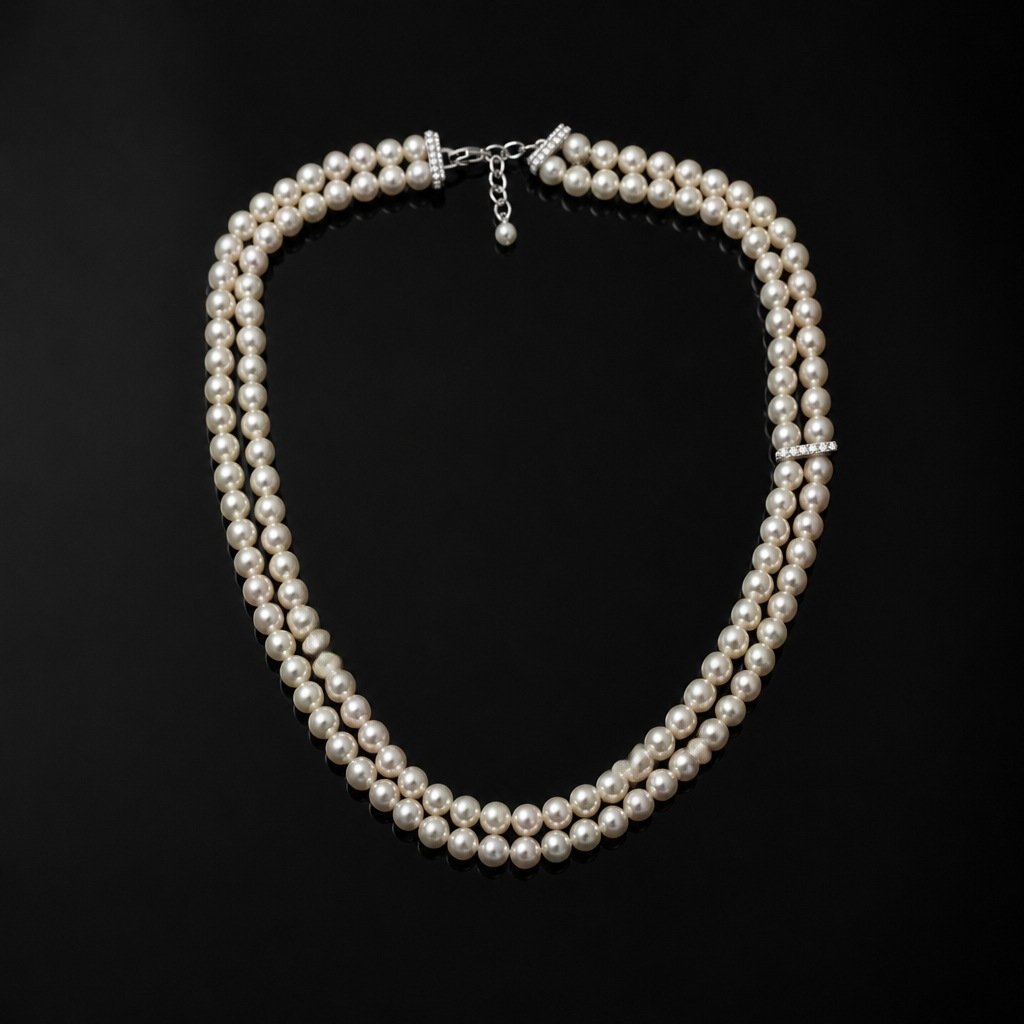 Mikimoto Double Strand Cultured Pearl Necklace, 18KT White Gold and Diamonds