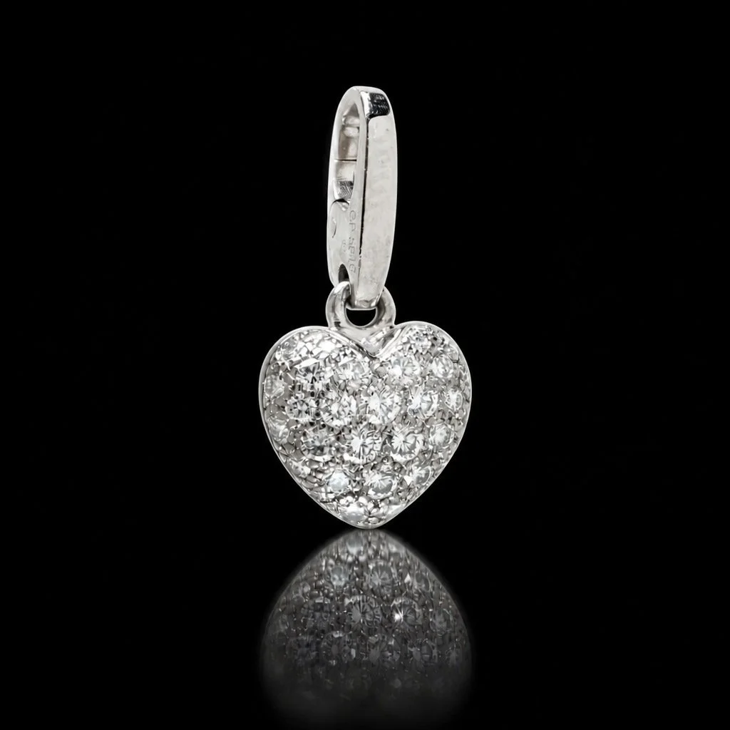 Cartier 18KT White Gold Pave Diamond Heart Charm Pendant, Signed