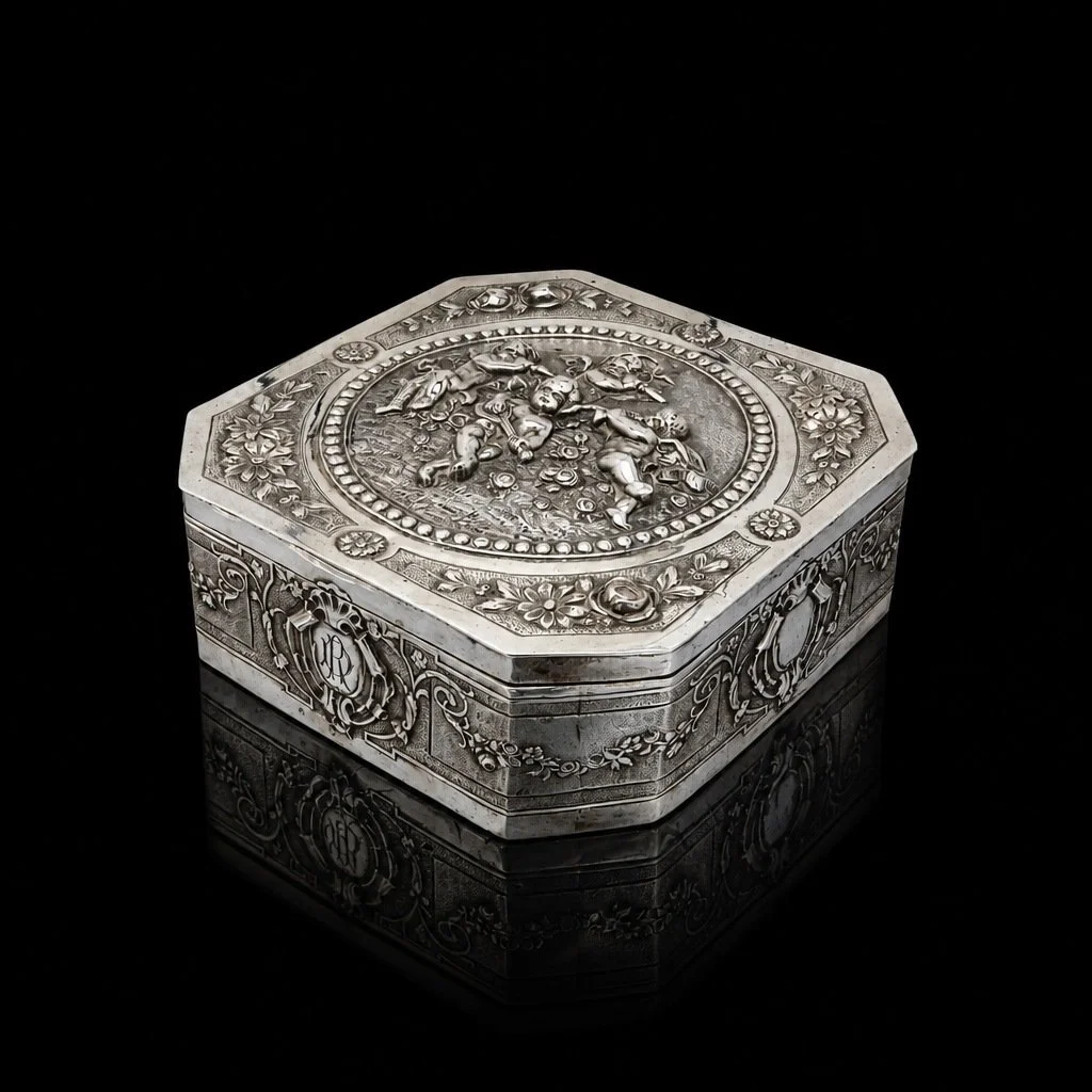 Antique German Hanau .800 Silver Casket, Repoussé Putti, Gilt Interior, Dated 1924
