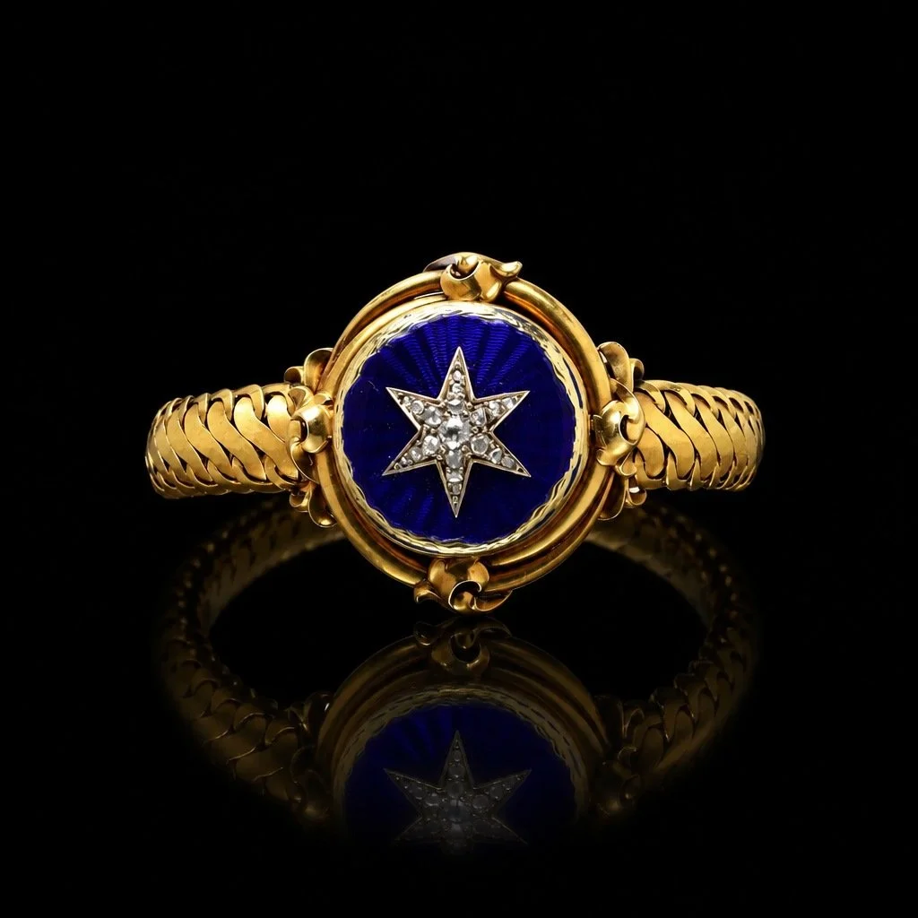Victorian 20 Karat Gold Blue Enamel Diamond Star Locket Bracelet, Circa 1880s