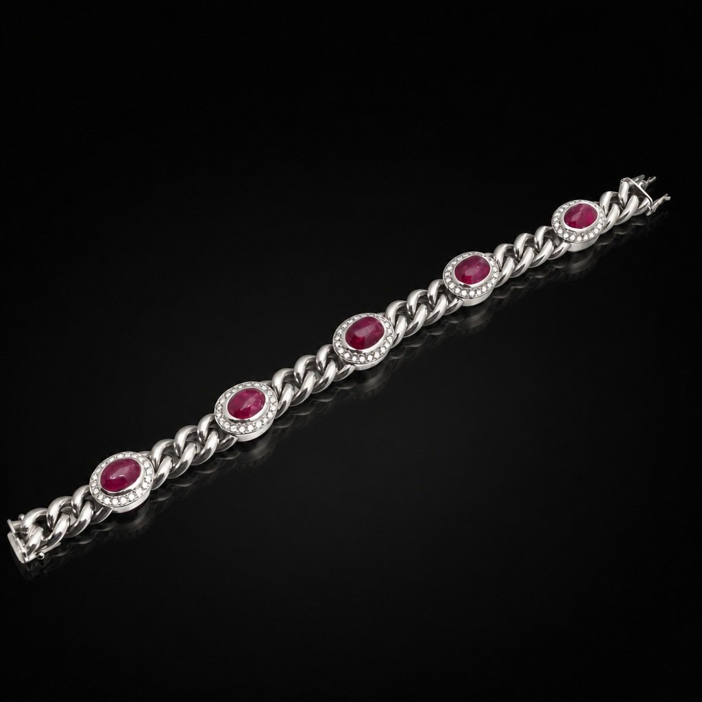 Natural Ruby Cabochon and Diamond Curb Link Bracelet, 18KT White Gold