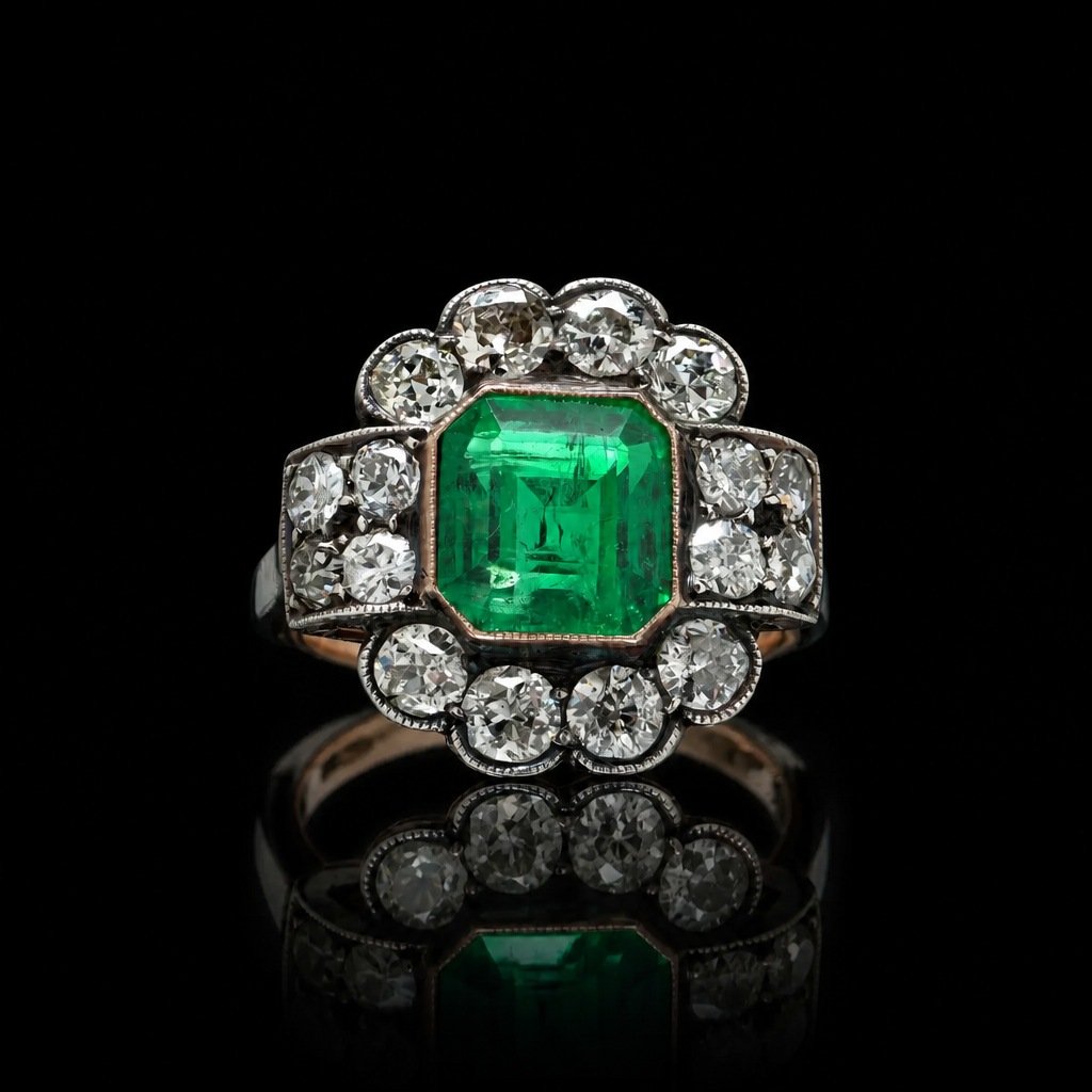 Victorian Russian (Ural) Emerald and Diamond Cluster Ring, 9KT Gold and Silver