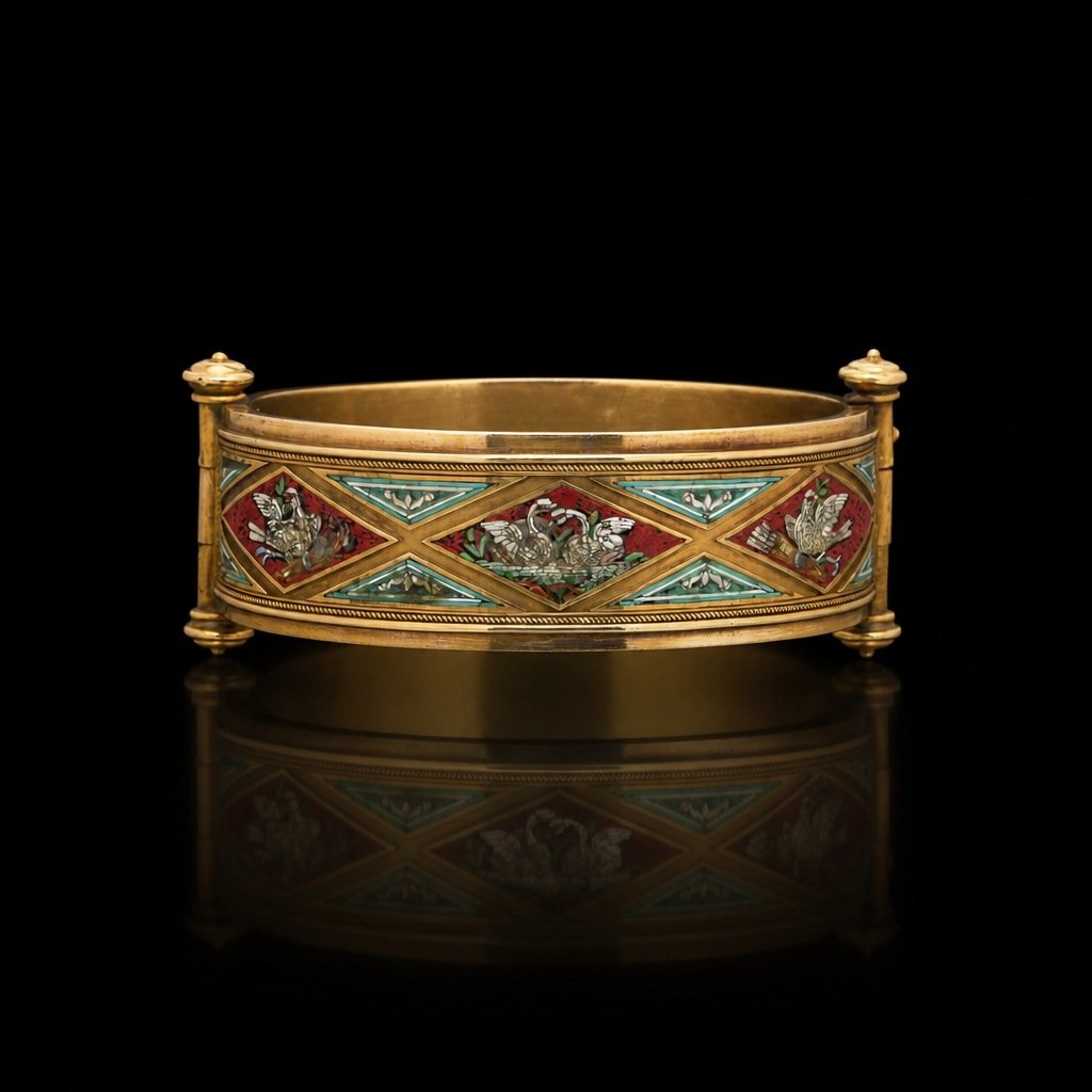 Antique 19th Century Italian Micromosaic 21KT Gold Bangle, Swans and Doves