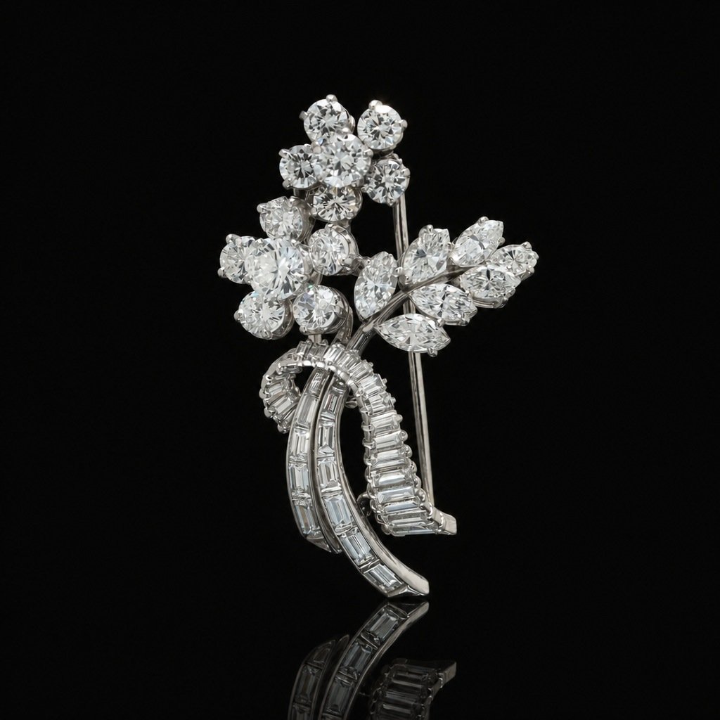 Vintage Diamond Floral Spray Brooch, Platinum, Mid 20th Century