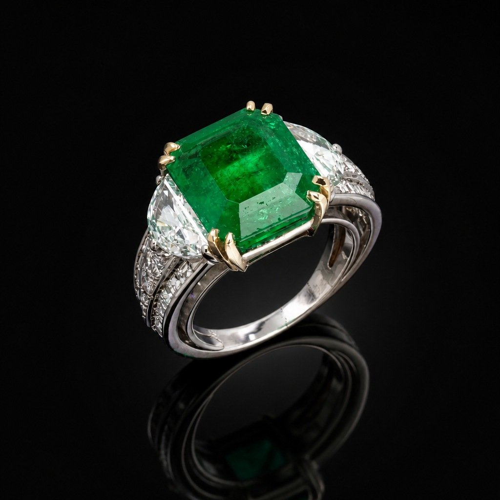 Colombian Emerald and Diamond Ring, 18KT White Gold