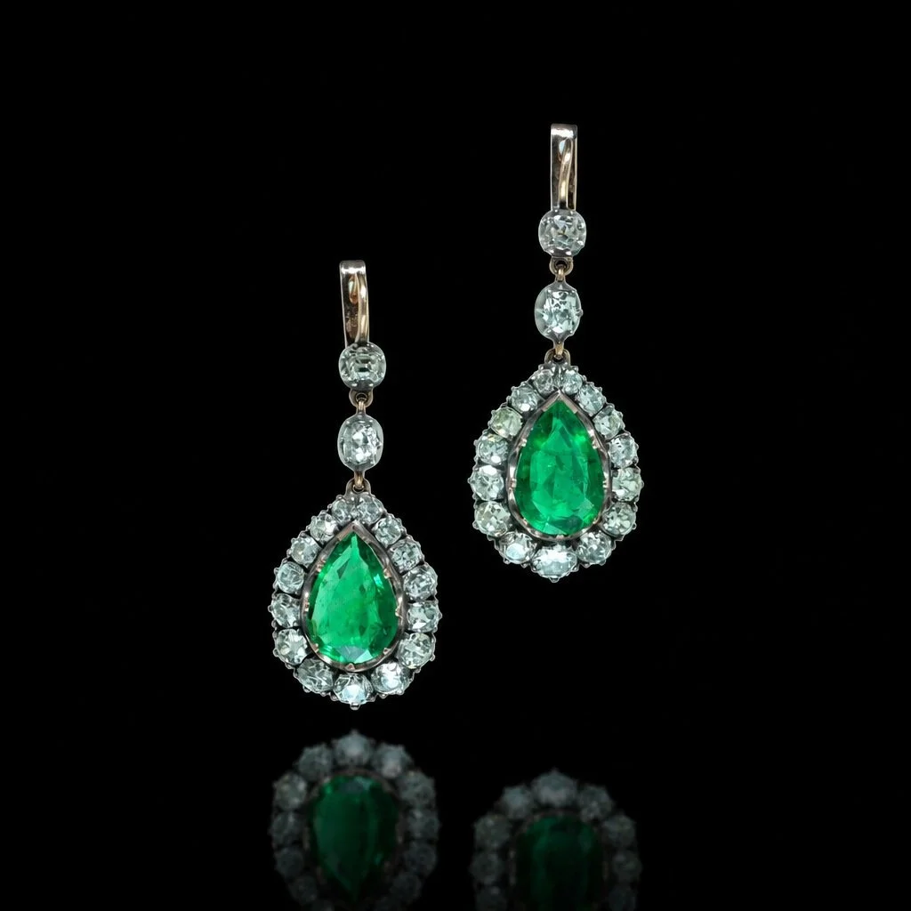 Victorian Colombian Emerald and Diamond Drop Earrings