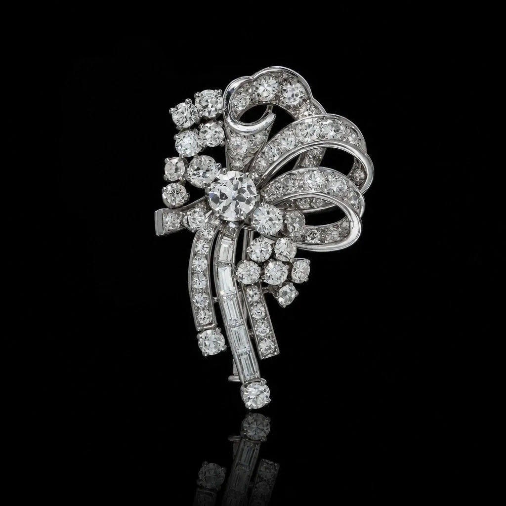 Vintage Diamond Spray Brooch, Platinum, 1950s, Ribbons and Tassels