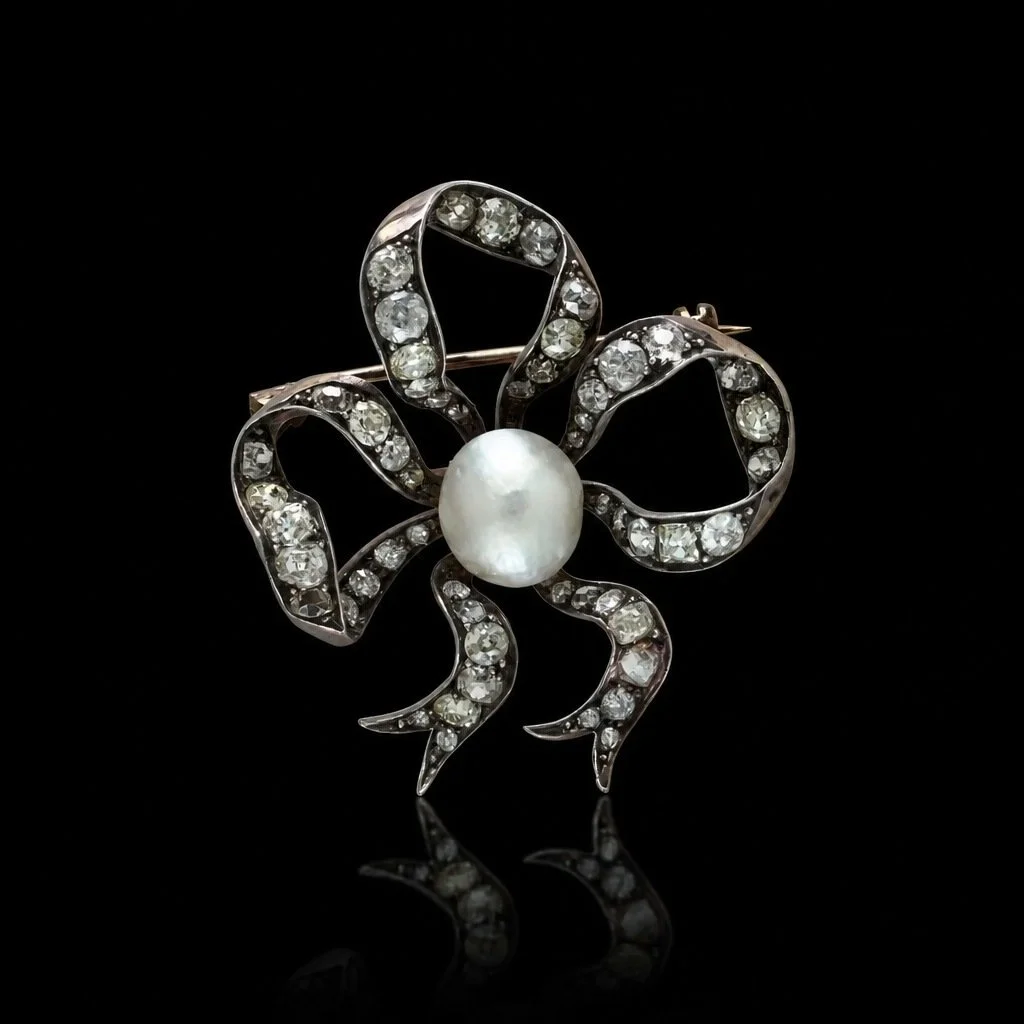 Victorian Natural Pearl and Diamond Bow Brooch, 9KT Gold and Silver